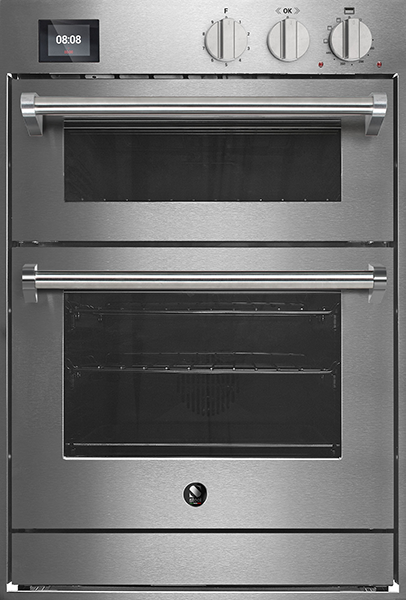 Moderner Einbau-Backofen aus Edelstahl mit zwei Türen, Drehknöpfen und Digitalanzeige