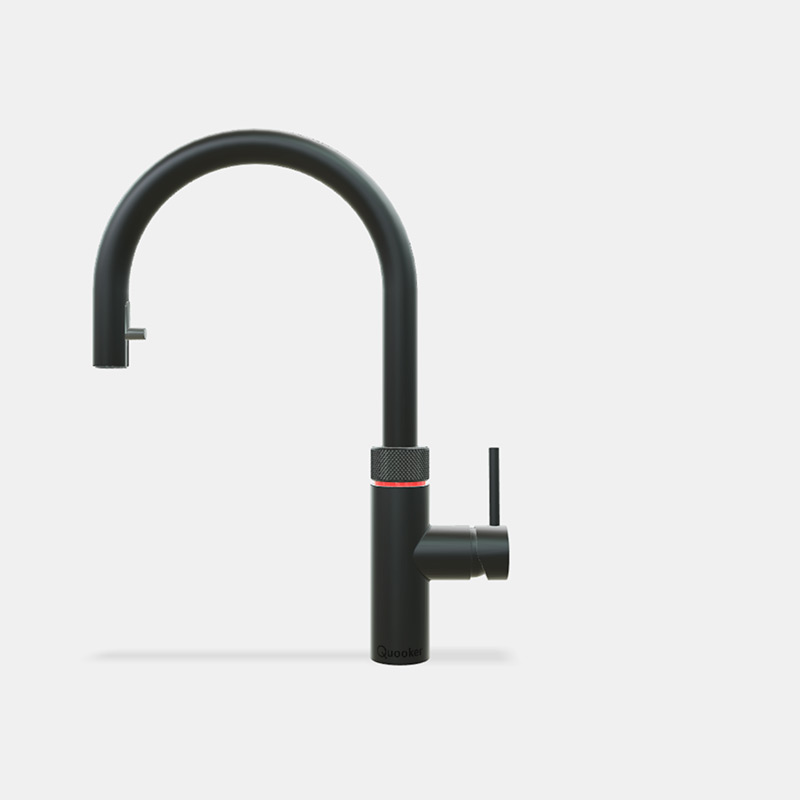 Schwarze Küchenarmatur mit rundem Auslauf und seitlichem Hebel, modernes Design für die Küche