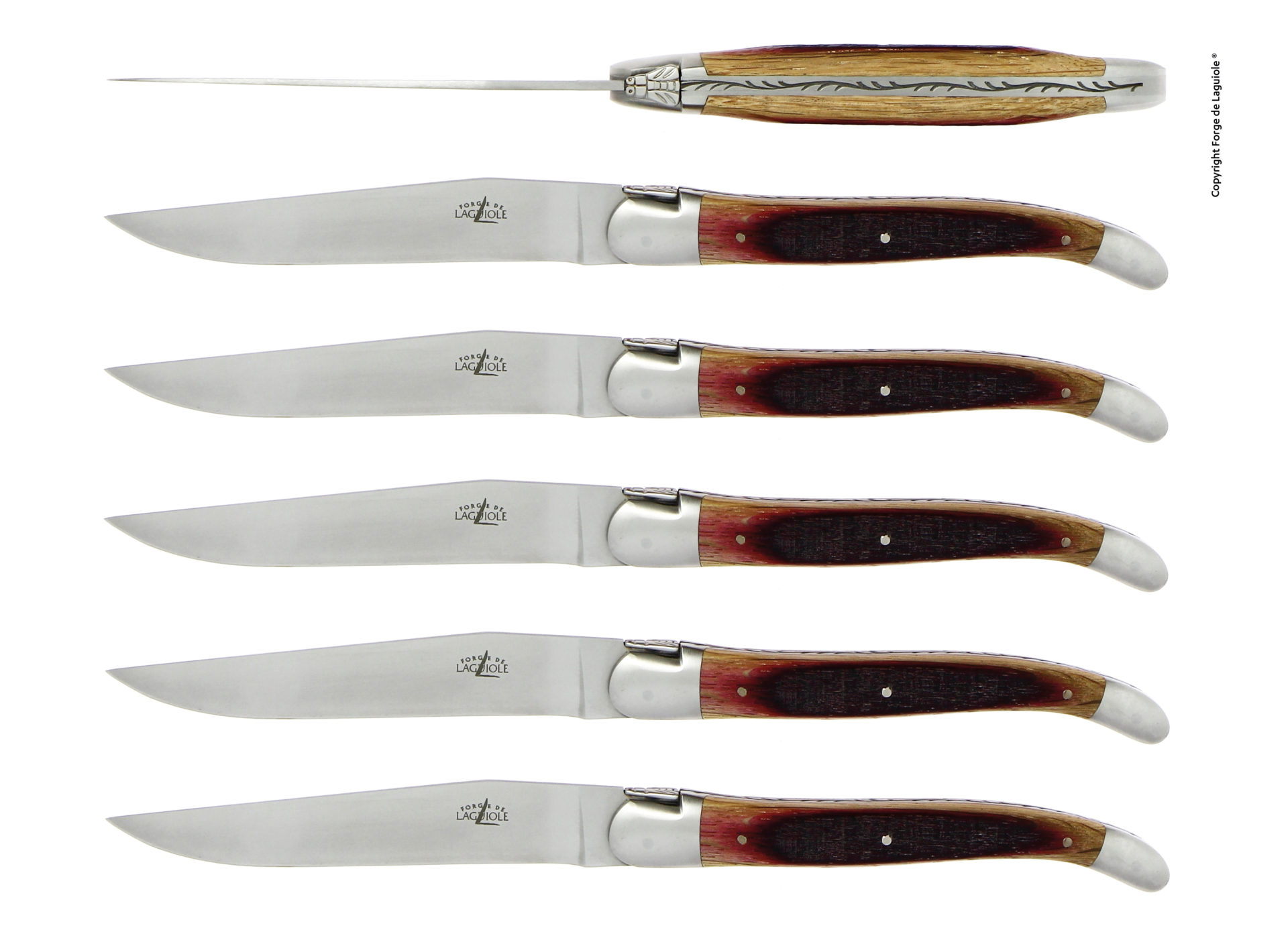 Sechs Laguiole Steakmesser mit Holzgriff und Edelstahlklinge, seitlich und von oben abgebildet