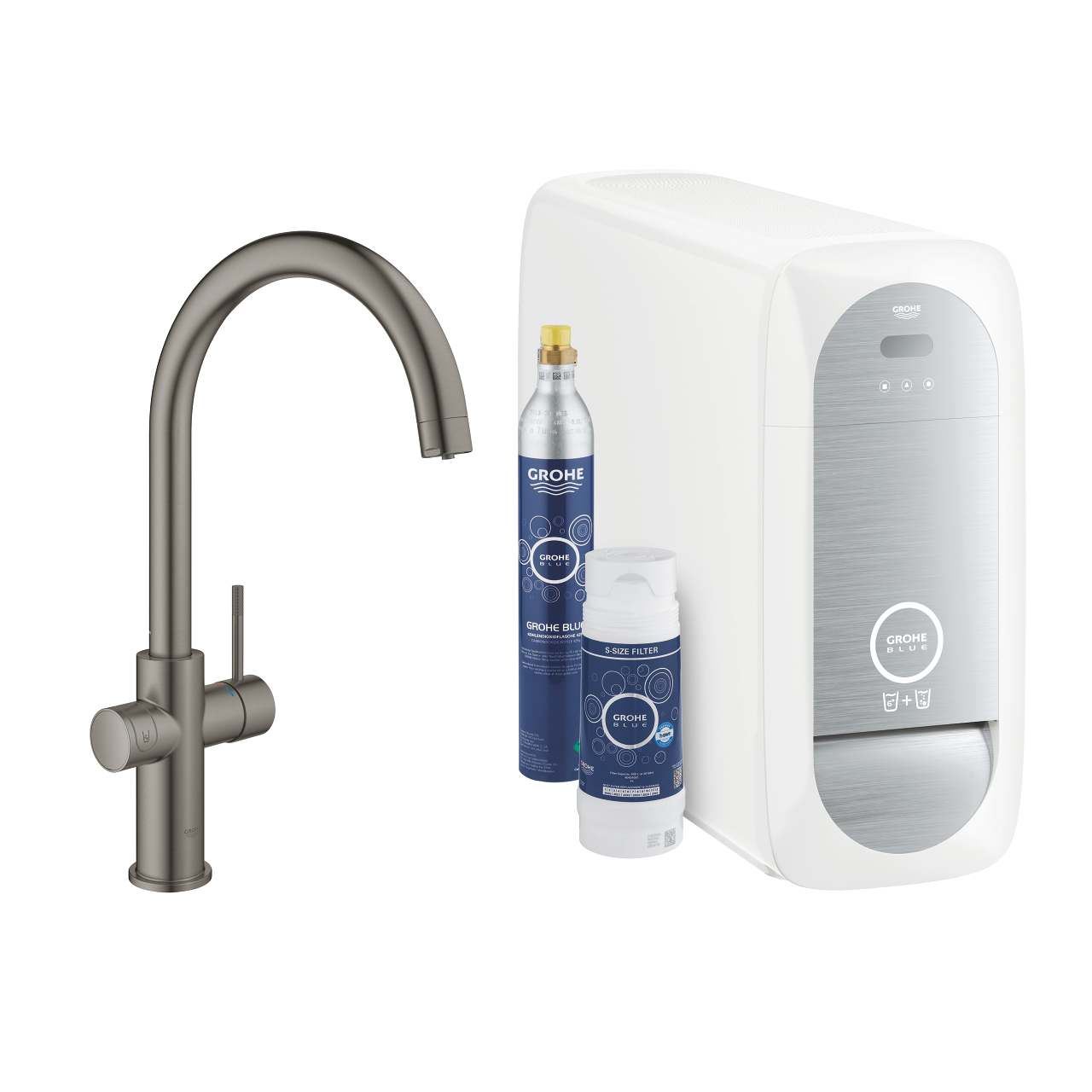 GROHE Blue Set bestehend aus Edelstahl-Küchenarmatur, Wasserfilter, CO2-Flasche und Kühleinheit zur Wasseraufbereitung