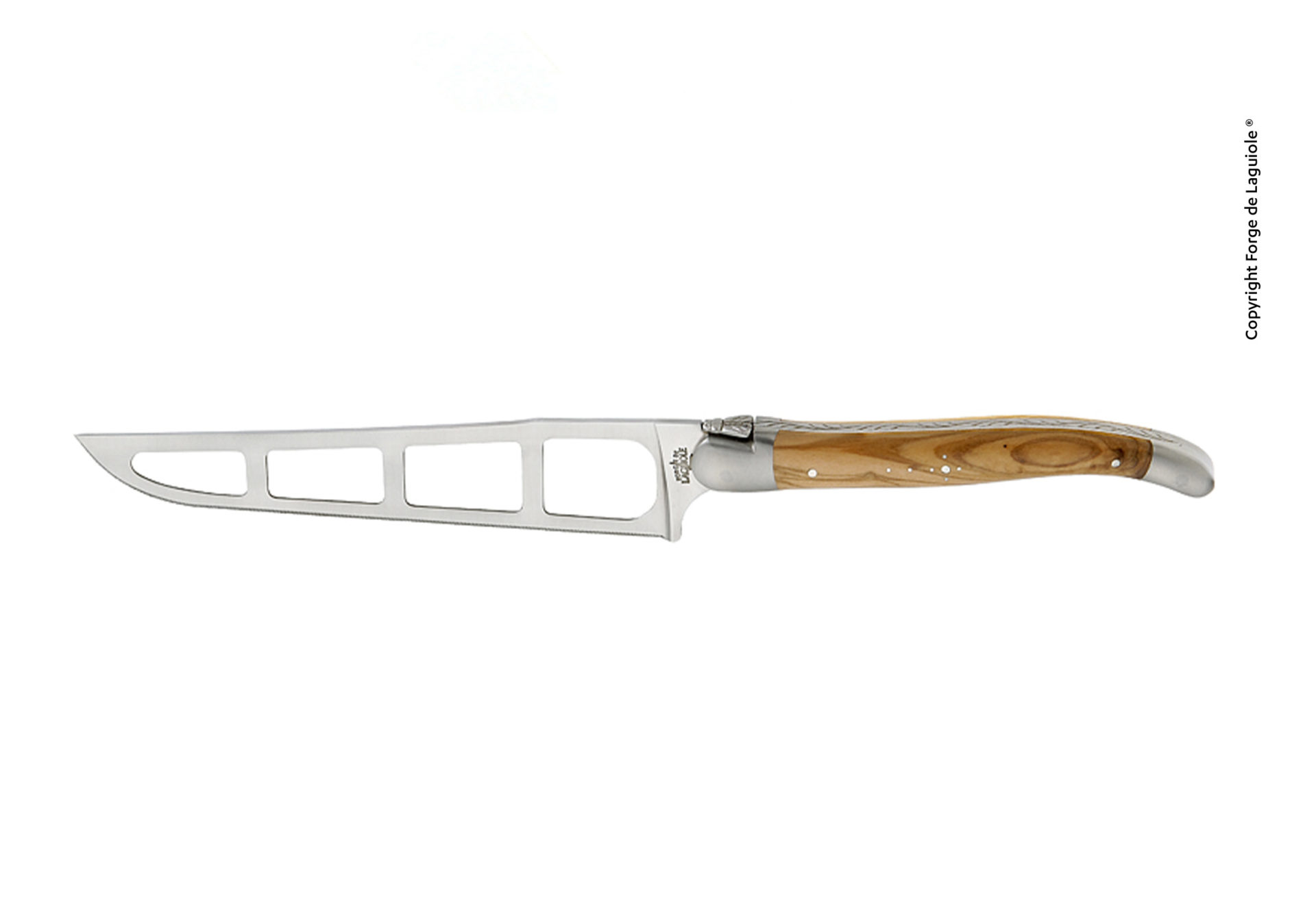 Elegantes Laguiole Käsemesser mit Olivenholzgriff und geschlitzter Klinge zur optimalen Käseportionierung