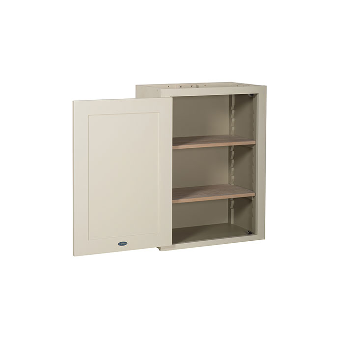 Beiger Küchenschrank mit geöffneter Tür, zwei verstellbaren Einlegeböden und schlichtem Design