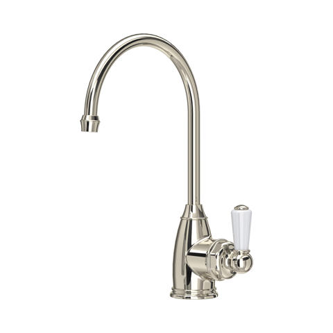 Hochwertige Küchenarmatur im Vintage-Design mit Hochbogen-Auslauf aus poliertem Nickel, Einhebelmischer mit weißem Keramikgriff, ideal für Spülbecken, Einlochmontage