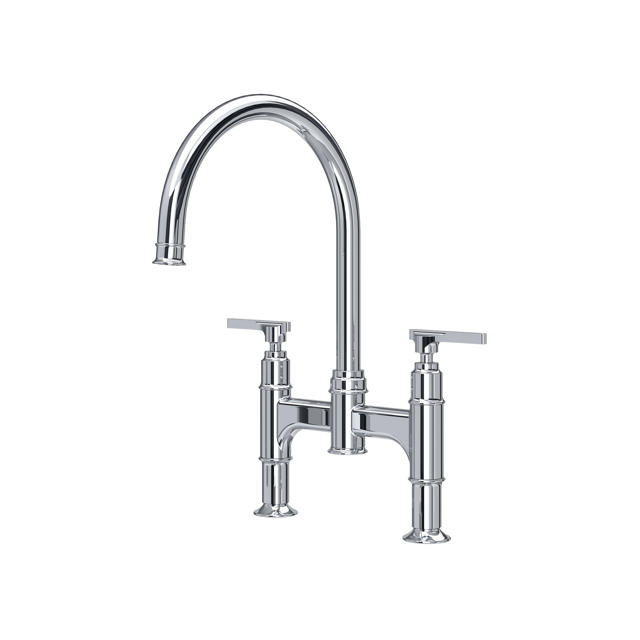 Southbank Brückenarmatur von Perrin & Rowe, Modell Io 4293: polierte Chrom-Zweiloch-Küchenarmatur mit zwei Hebelgriffen und hohem, schwenkbarem Auslauf; präzise Keramikventile; handgefertigt in Großbritannien