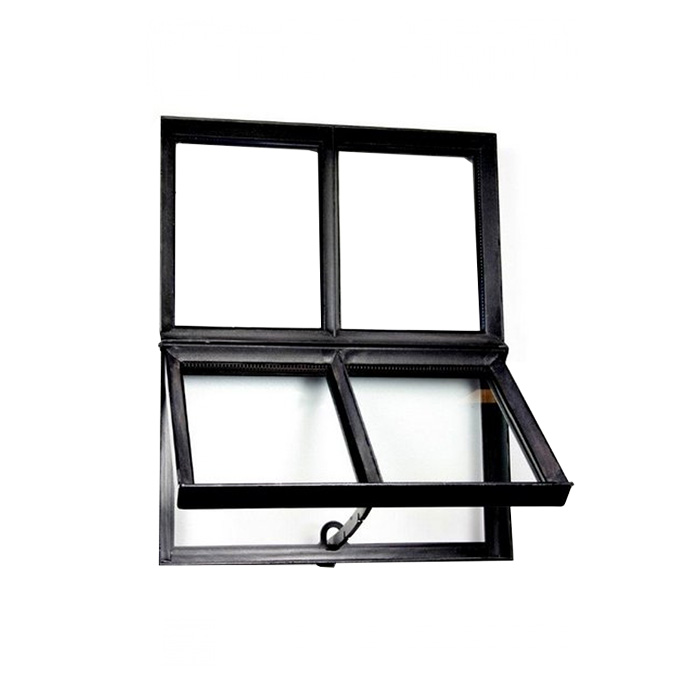 Schwarzes Stahlfenster mit vier Feldern, unterer Teil zum Kippen geöffnet, minimalistisches, industrielles Design