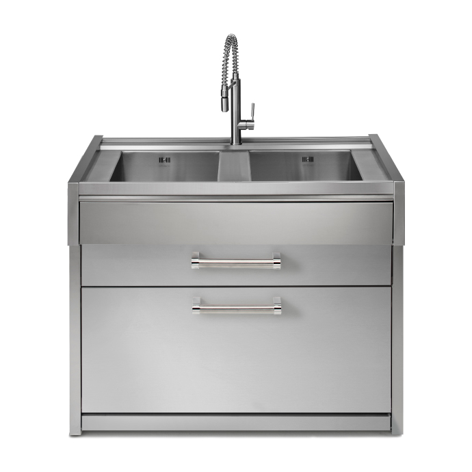 Moderner Spülenschrank aus Edelstahl mit zwei Becken und praktischem Mischbatterie-Wasserhahn, geeignet für Küchen- oder Gastronomiebereich