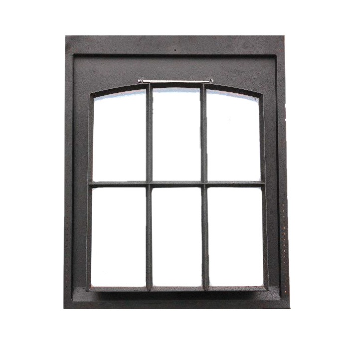 Rechteckiges Stahlfenster in Schwarz mit sechs Fensterscheiben und leicht gewölbtem oberen Rahmen, ideal für moderne und industrielle Bauprojekte