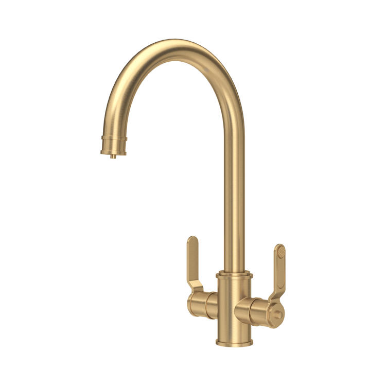 Goldene Zweigriff-Küchenarmatur aus Messing mit hohem U-Auslauf und gebürstetem Finish; elegantes Design für die Spüle, präzise Regelung von Temperatur und Wassermenge