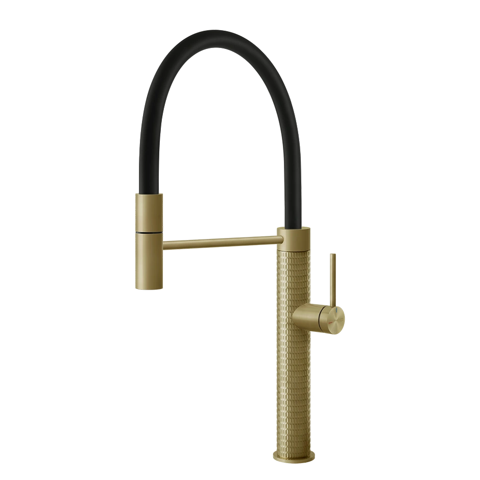 Goldene Küchenarmatur, Einhebel, geriffelt, Flexschlauch