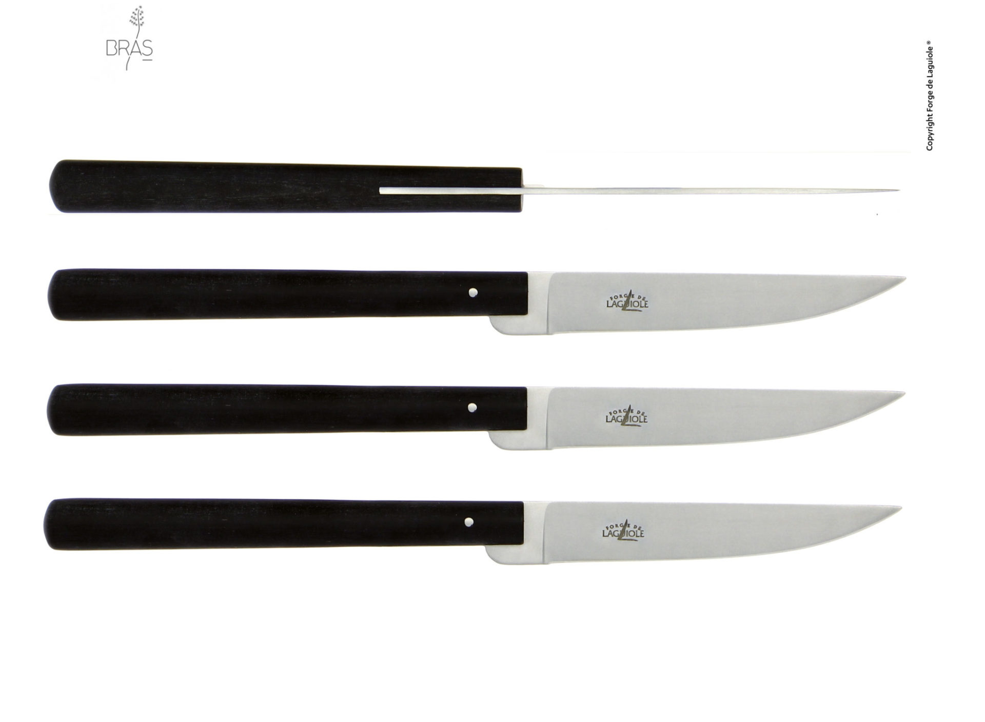 Fünfteiliges Laguiole Steakmesserset mit vier schwarzen Steakmessern und einem passenden Wetzstahl, nebeneinander angeordnet