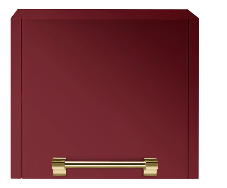 Bordeauxrote Küchenschrankfront mit einem eleganten goldfarbenen Griff in moderner Optik