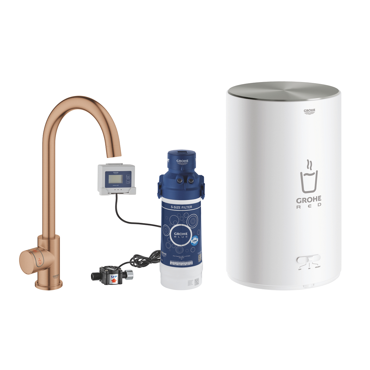 GROHE Red Komplettset bestehend aus roségoldener Armatur, Filter, Boiler und Steuerung für sofort heißes Wasser in der Küche