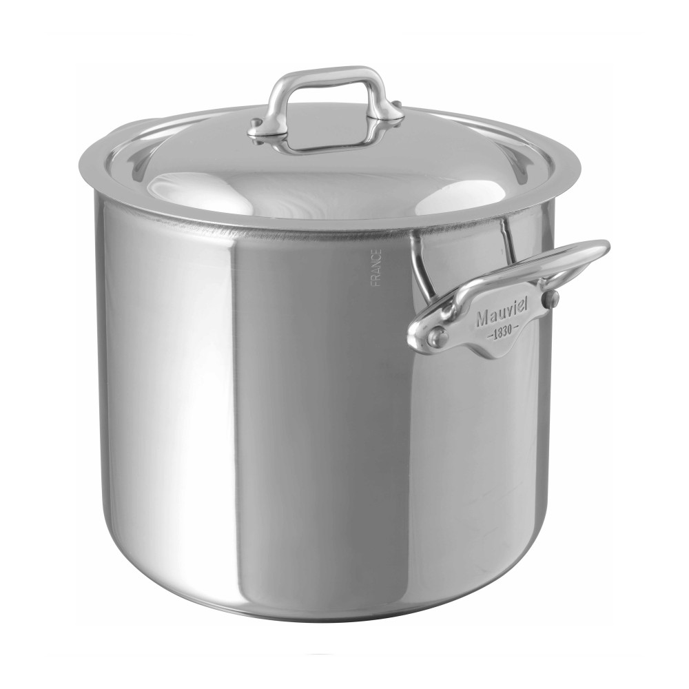 Großer silberner Edelstahltopf mit Deckel und stabilen Griffen, ideal zum Kochen und Zubereiten von Suppen oder Eintöpfen