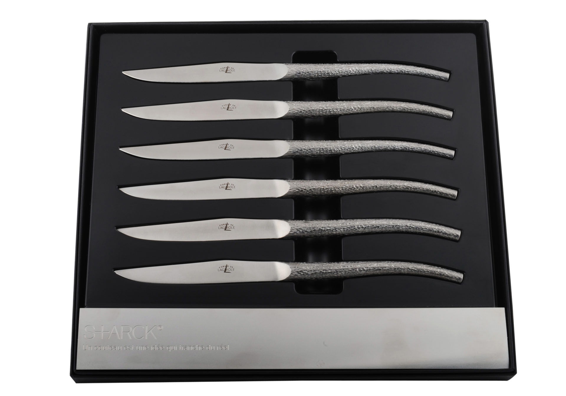 Sechs Steakmesser aus Edelstahl im exklusiven Geschenkkarton, Laguiole by Starck, modernes Design-Besteck