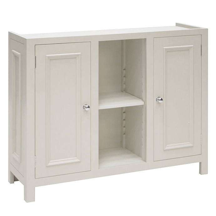 Weißer Sideboard-Schrank mit zwei Türen und einem offenen Regal in der Mitte, ideal für Aufbewahrung im Wohnraum