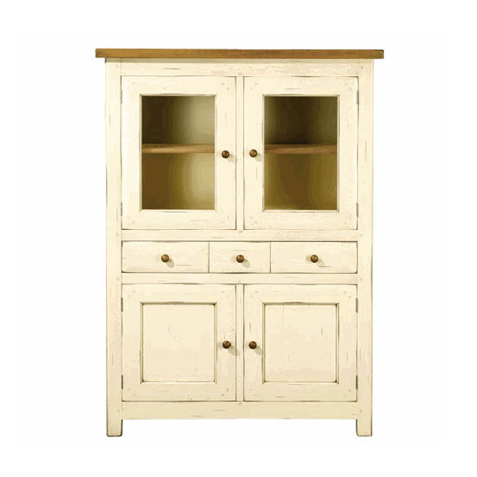 Weißer Vitrinenschrank im Landhausstil mit Holzplatte, zwei Glastüren, drei Schubladen und zwei Holztüren