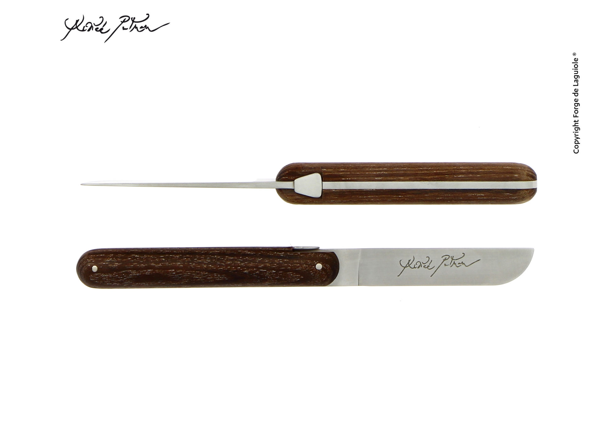 Modernes Laguiole Messer mit dunkelbraunem Holzgriff und gravierter Edelstahlklinge, abgebildet von der Seite und von oben