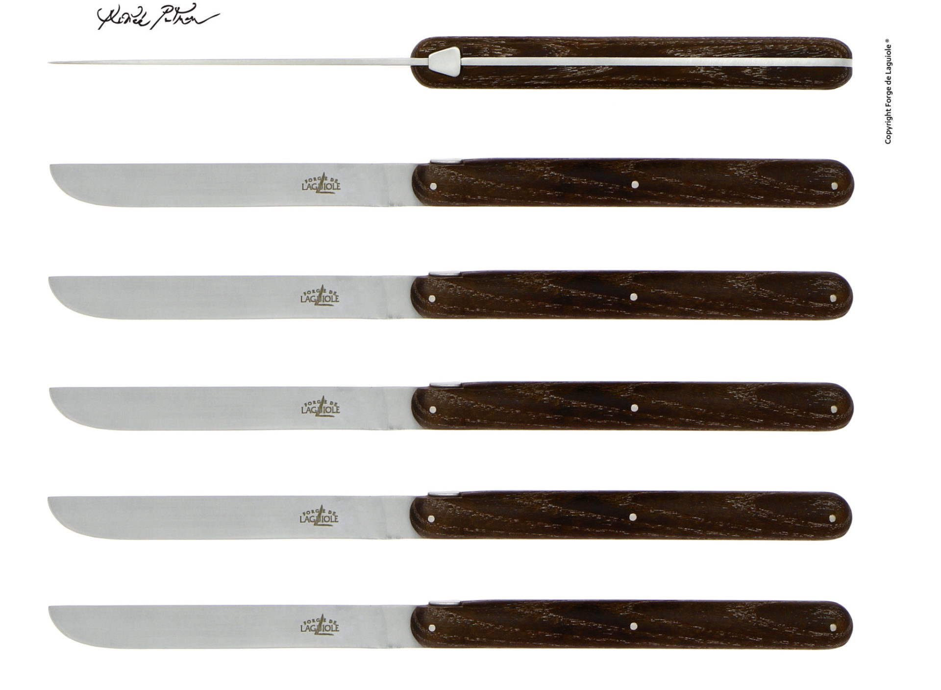 Sechs Laguiole Steakmesser mit Edelstahlklinge und dunklem Holzgriff, nebeneinander angeordnet