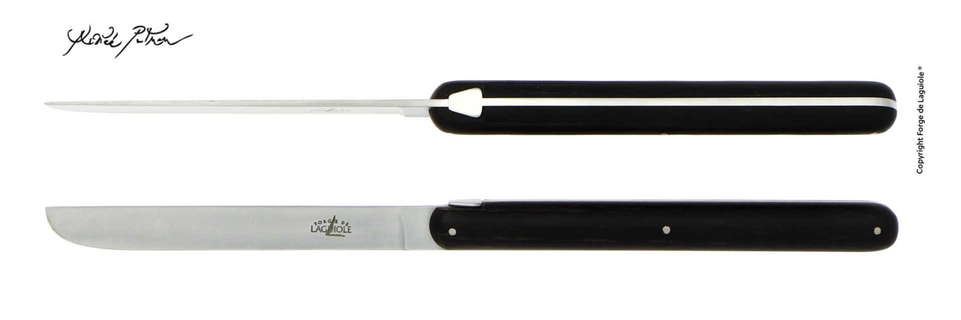 Traditionelles Laguiole Tafelmesser mit schwarzem Ebenholzgriff und Edelstahlklinge, seitlich und von oben abgebildet