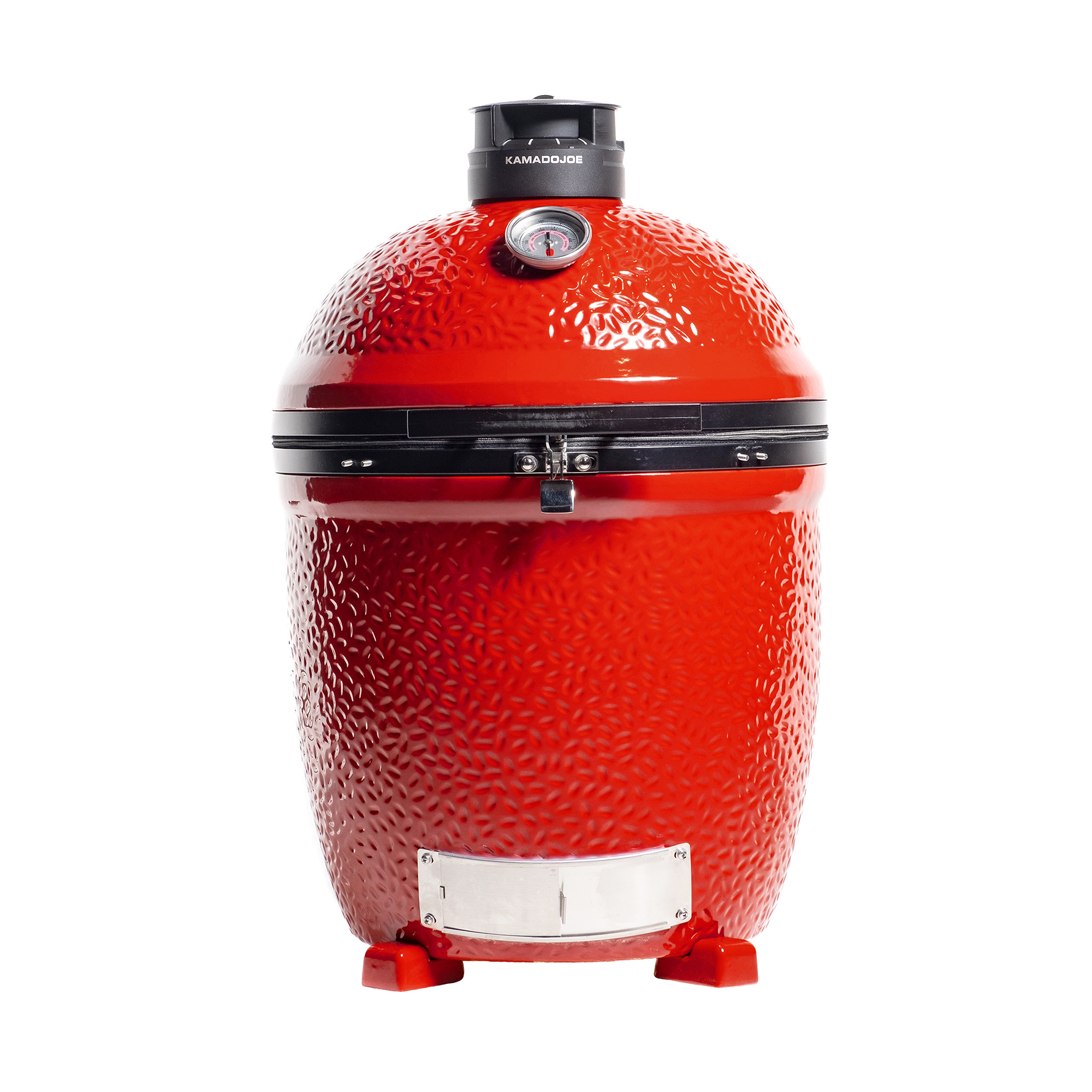 Roter Kamado Joe Keramikgrill mit Deckelthermometer und Belüftungssystem, ideal für Grillen und Smoken