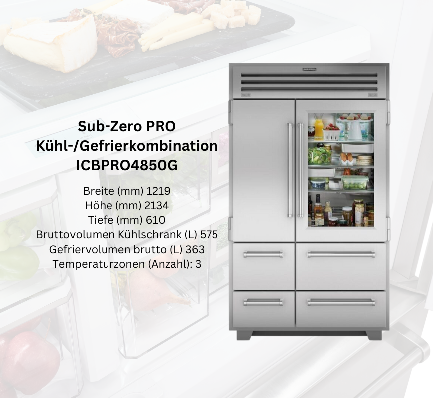Sub-Zero PRO Kühl-/Gefrierkombination ICBPRO4850G aus Edelstahl mit Glastür, sichtbare Lebensmittel, individuelle Temperaturzonen, Maße und Volumenangaben