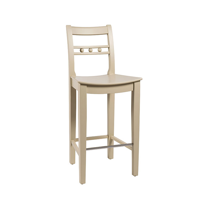 Barhocker aus Holz in Beige mit Rückenlehne und drei Zierknöpfen, geeignet für Küche oder Bar