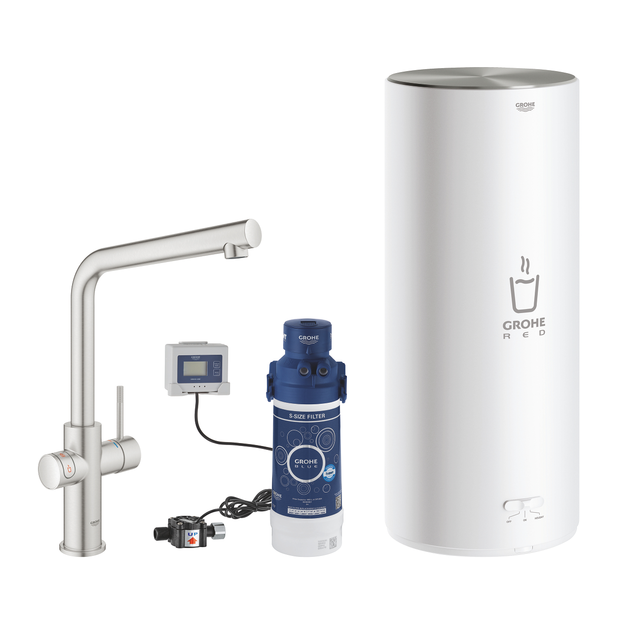 GROHE Red Komplettset bestehend aus moderner Küchenarmatur, Boiler, Filter und Steuerungseinheit zur Bereitung von kochendem Wasser