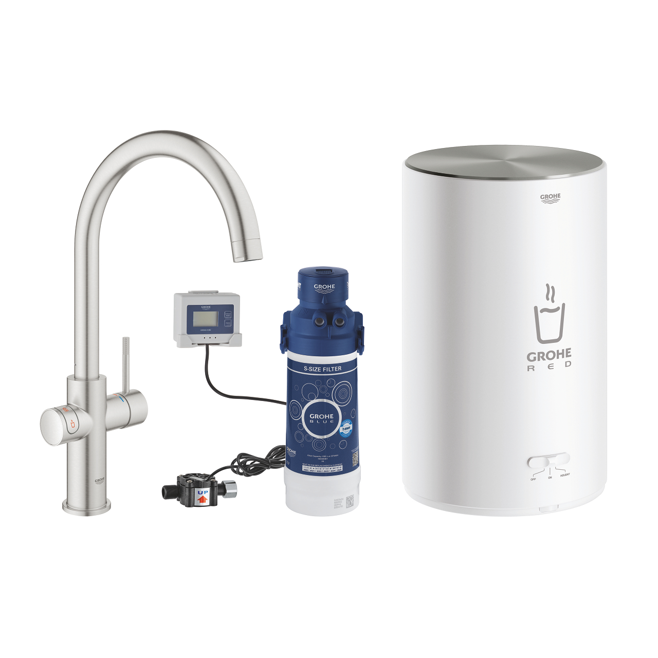 Komplettset GROHE Red: Küchenarmatur, Boiler, Filter und Steuergerät, ideal für schnellen Zugriff auf kochend heißes Wasser in der Küche