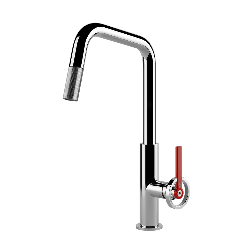 Moderner Küchen-Wasserhahn aus Chrom mit rotem Hebel