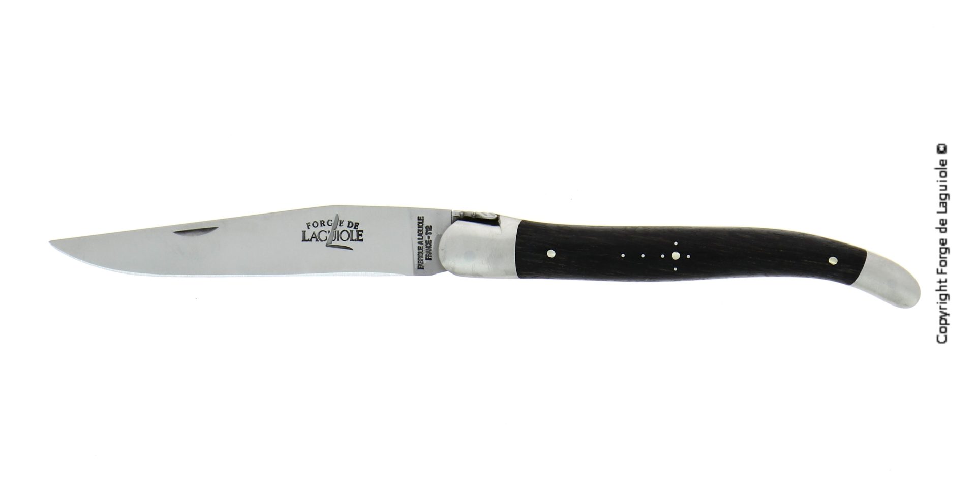 Klassisches Laguiole Taschenmesser mit schwarzem Holzgriff und polierter Edelstahlklinge, hergestellt von Forge de Laguiole