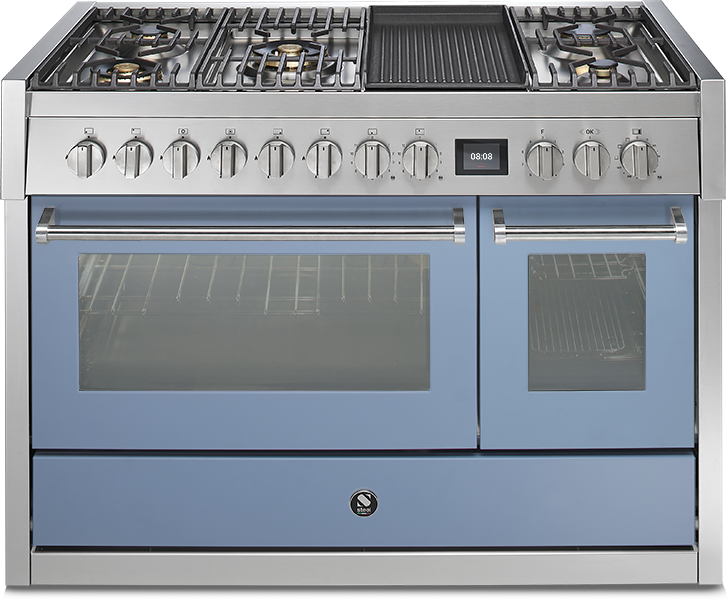 Moderner Gasherd mit fünf Kochfeldern, Grillplatte und zwei Backöfen in Edelstahl-Design mit hellblauer Front
