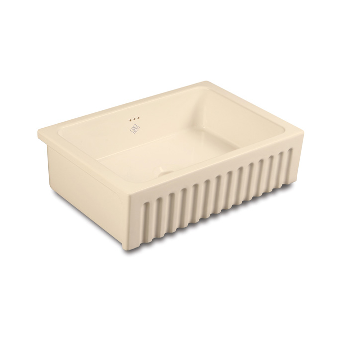 Keramikspüle in Creme mit geriffeltem Frontdesign, rechteckige Form, geeignet für den Einbau in die Küche