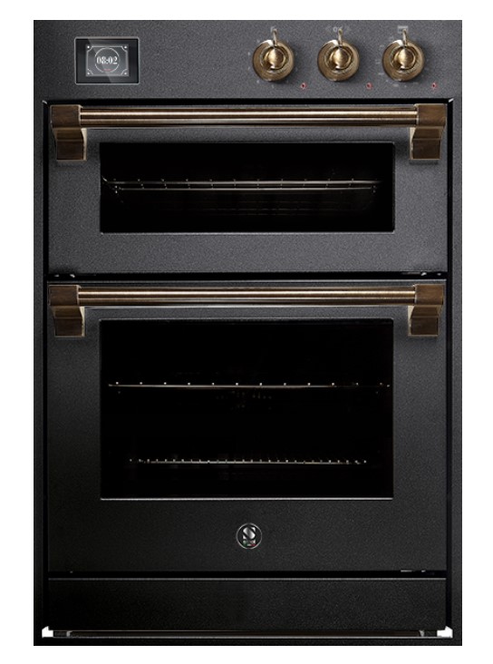 Schwarzer Retro Einbau-Backofen mit zwei Garräumen, goldfarbenen Drehknöpfen und Messinggriffen