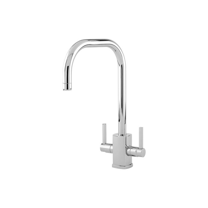 Küchenarmatur aus Edelstahl mit zwei Hebeln für kaltes und warmes Wasser, hoher Auslauf