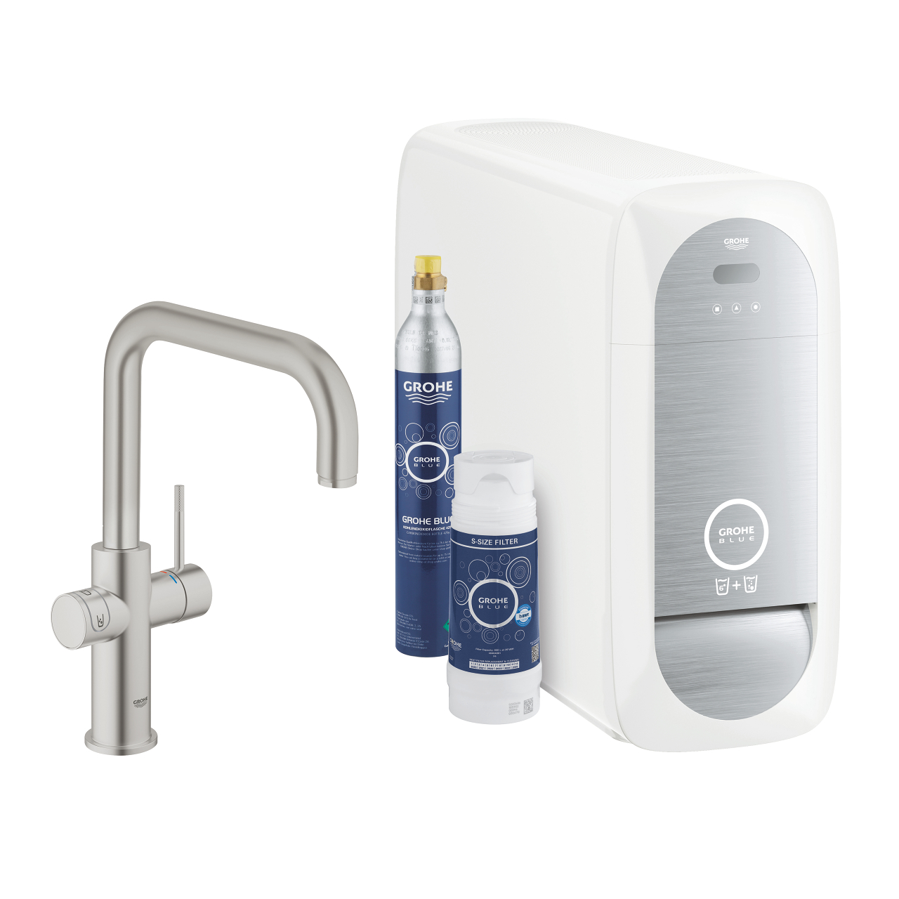 GROHE Blue Home Komplettset: Wassersystem mit moderner Küchenarmatur, CO2-Zylinder und Wasserfilter, für frisches, gefiltertes und gekühltes Wasser