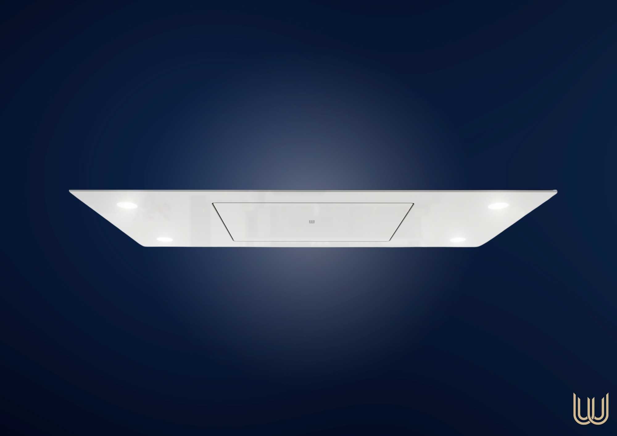 Minimalistische Deckenhaube in weißem Design mit vier integrierten LED-Leuchten vor blauem Hintergrund