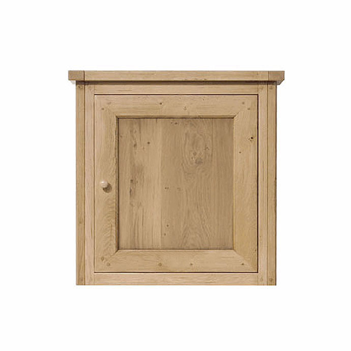 Quadratischer Hängeschrank aus massiver Eiche mit einer Tür und Holzknauf, ideal zur Wandmontage