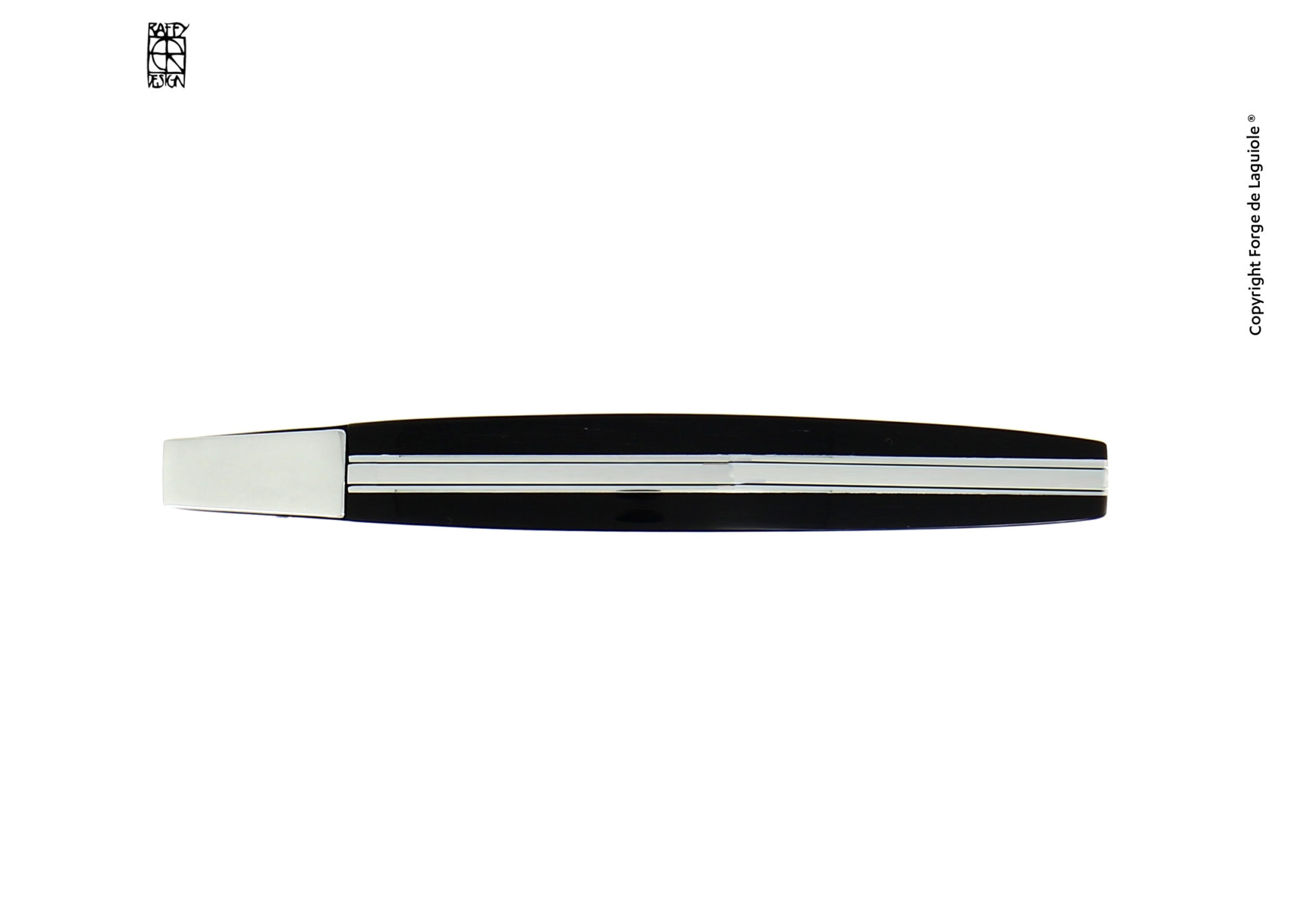 Seitenansicht eines Laguiole Sommelier Kellnermessers mit schwarzem Horngriff und Edelstahl, modernes Design