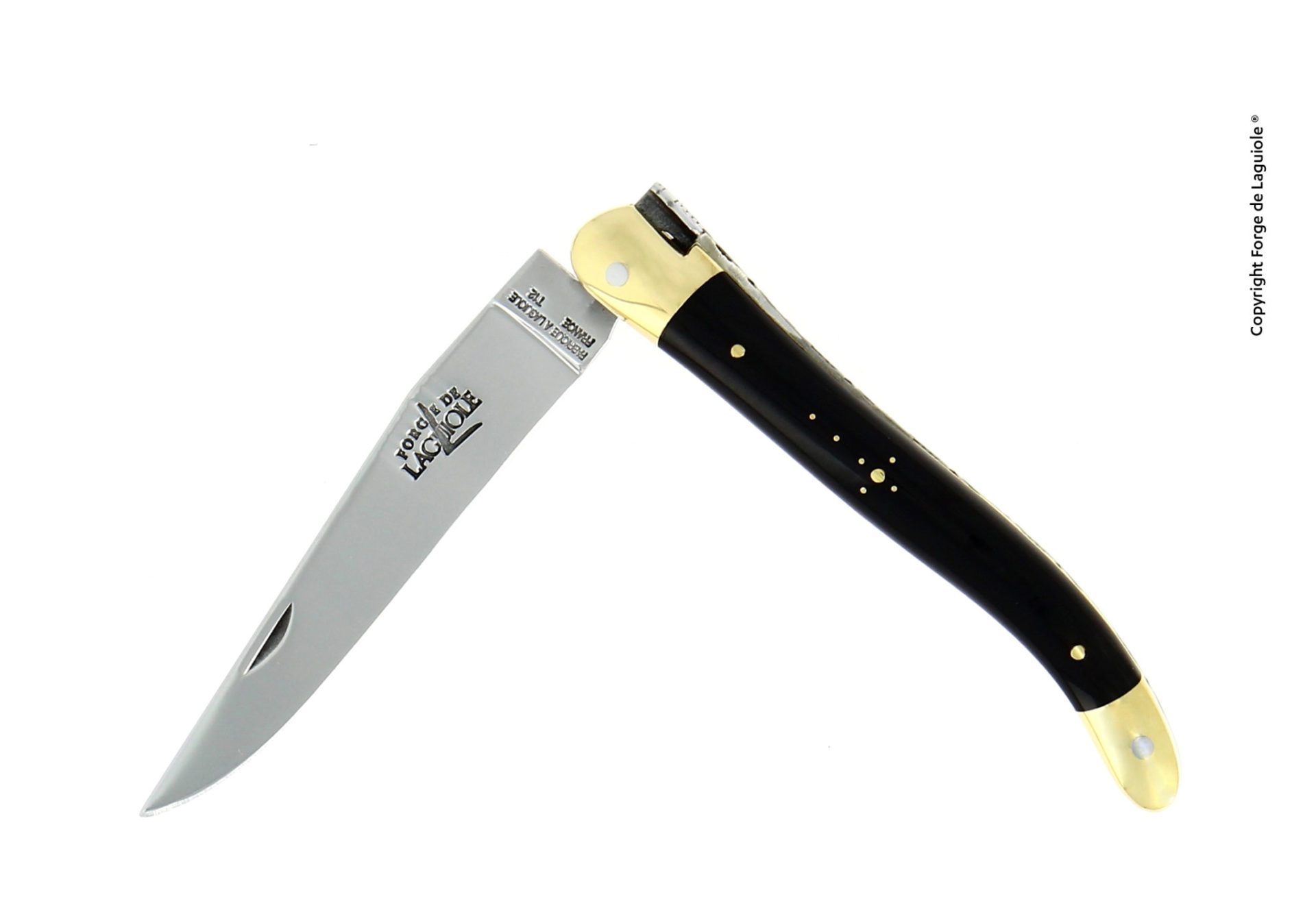 Elegantes Laguiole Taschenmesser von Forge de Laguiole mit schmaler Edelstahlklinge, schwarzem Griff und goldfarbenen Abschlüssen