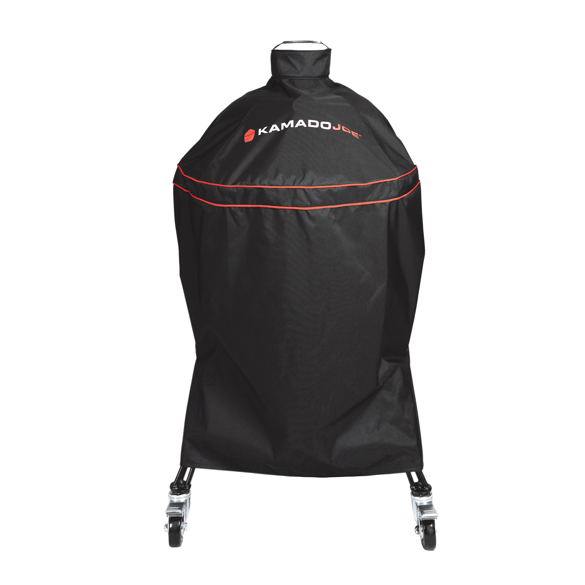 Schwarze Abdeckhaube von Kamado Joe schützt einen Grill vor Wettereinflüssen, mit roten Nähten und Logo