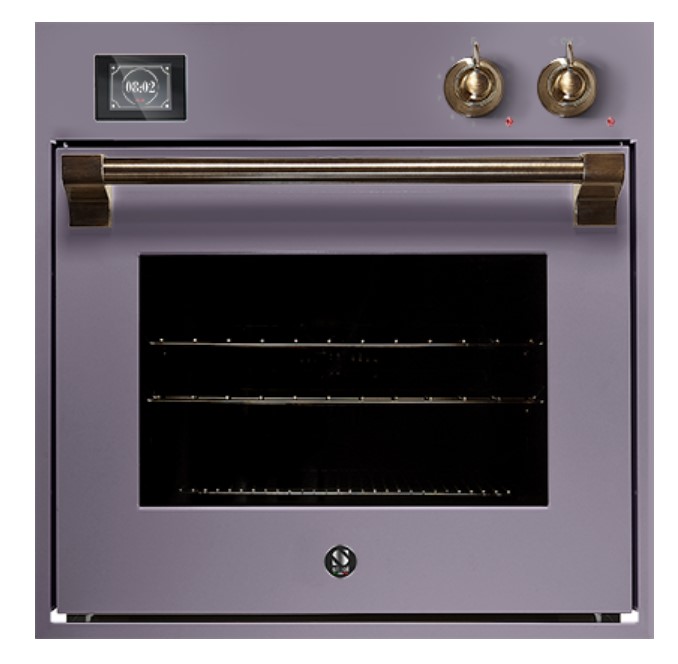 Lila Retro-Backofen mit goldenen Drehknöpfen, Griff und digitaler Anzeige für stilvolle Kücheneinrichtung