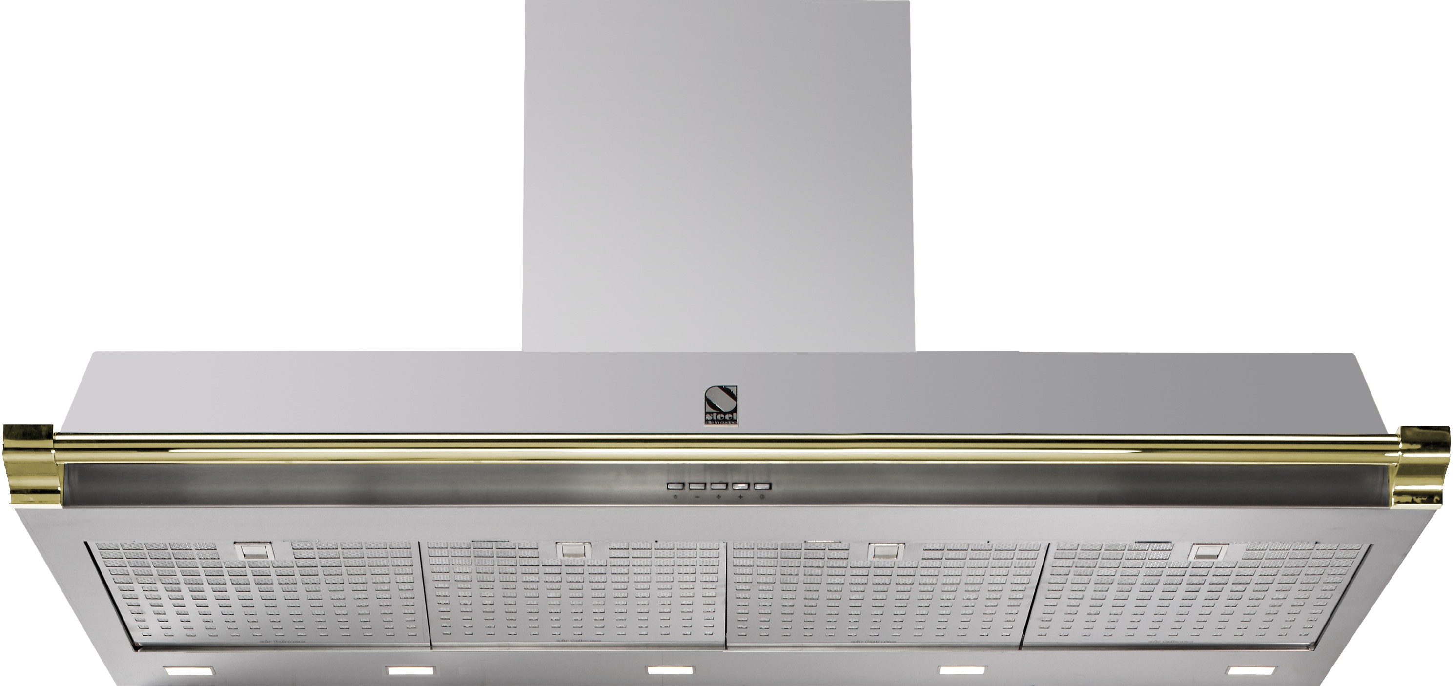 Edelstahl Dunstabzugshaube mit goldfarbenen Designelementen, beleuchtetem Bedienfeld und Metall-Fettfiltern