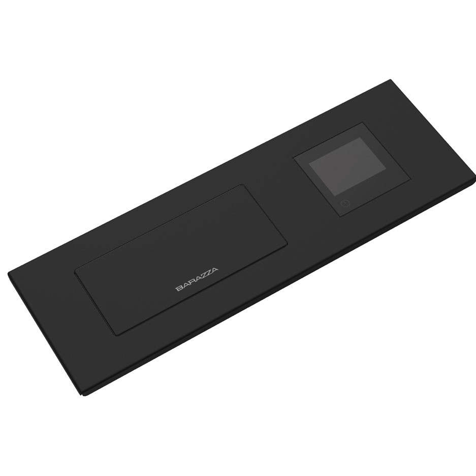 Schwarzes Barazza Touch-Interface mit Bedienfeld und abgedecktem Bereich, geeignet für Kücheninstallationen