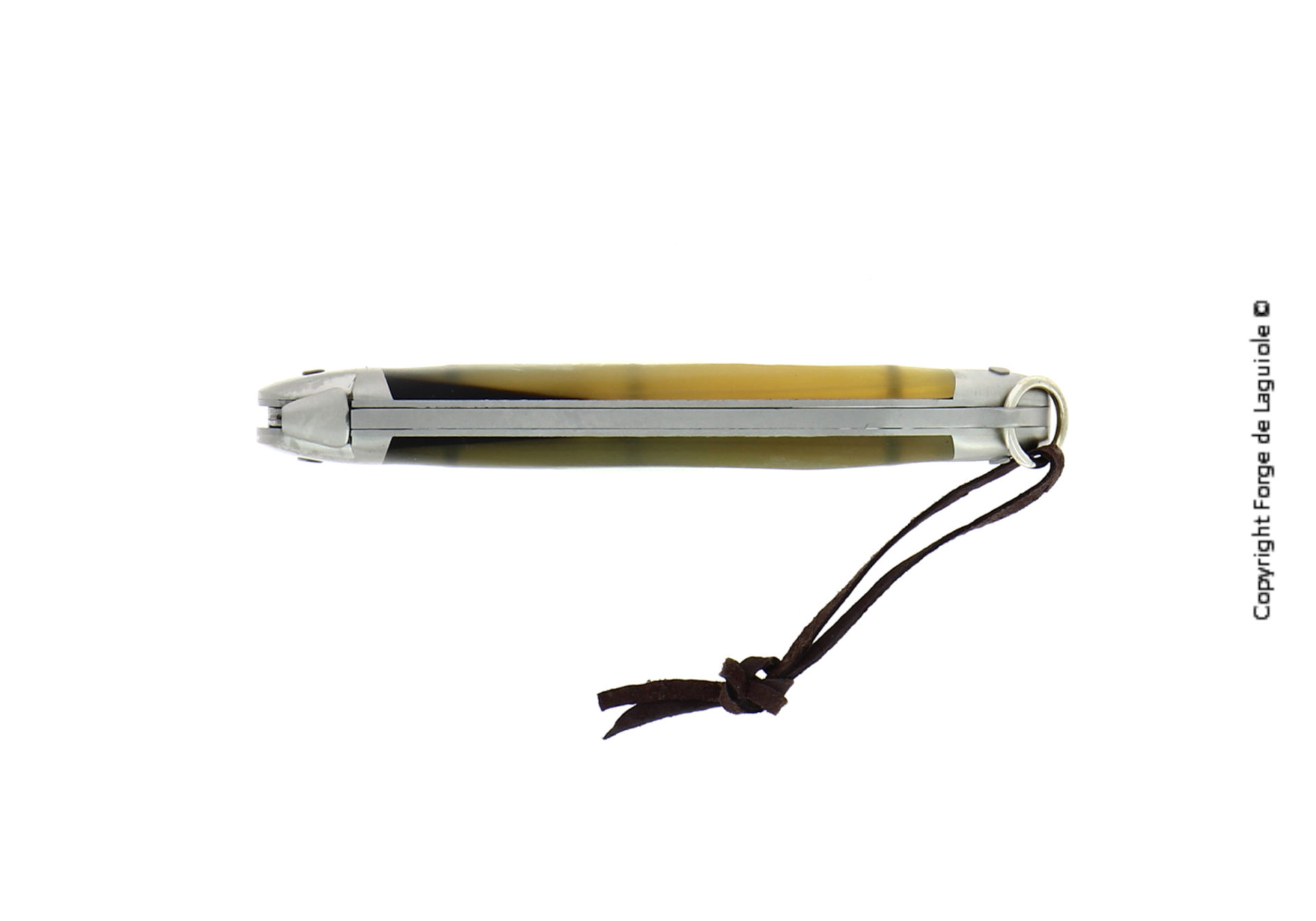 Geschlossenes Laguiole Taschenmesser mit Horngriff und Lederschlaufe, Seitenansicht