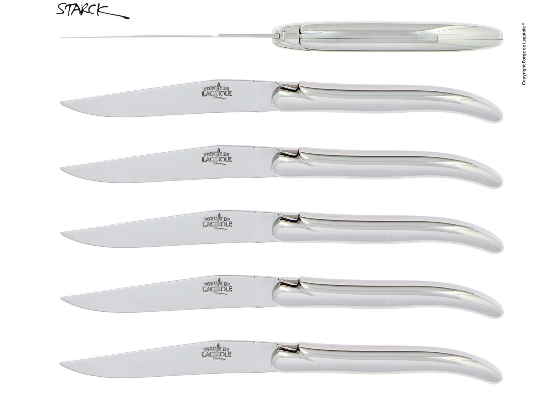 Sechs Forge de Laguiole Steakmesser by Philippe Starck aus Edelstahl in eleganter Anordnung