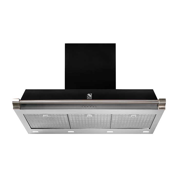 Dunstabzugshaube aus Edelstahl und schwarzem Glas mit drei Fettfiltern, LED-Leuchten und Tastenbedienung, von vorne gesehen