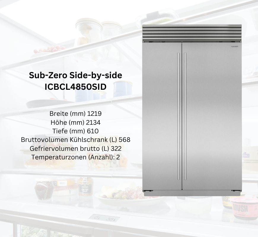 Sub-Zero Side-by-side Kühlschrank ICBC L4850SID, Edelstahl, 568 Liter Bruttovolumen, 322 Liter Gefriervolumen, 2 Temperaturzonen, modernes Küchendesign