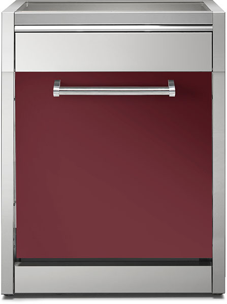 Moderne Spülmaschine mit Edelstahlgehäuse und bordeauxroter Front sowie waagerechtem Griff
