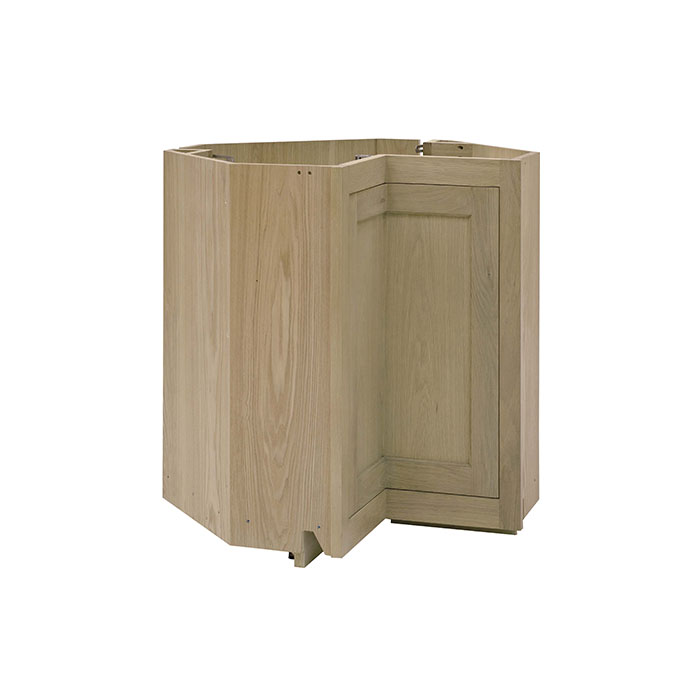 Unbehandelter Eckunterschrank aus Holz mit Rahmenfront, ideal zur Nutzung in Küchen- oder Badezimmerecken