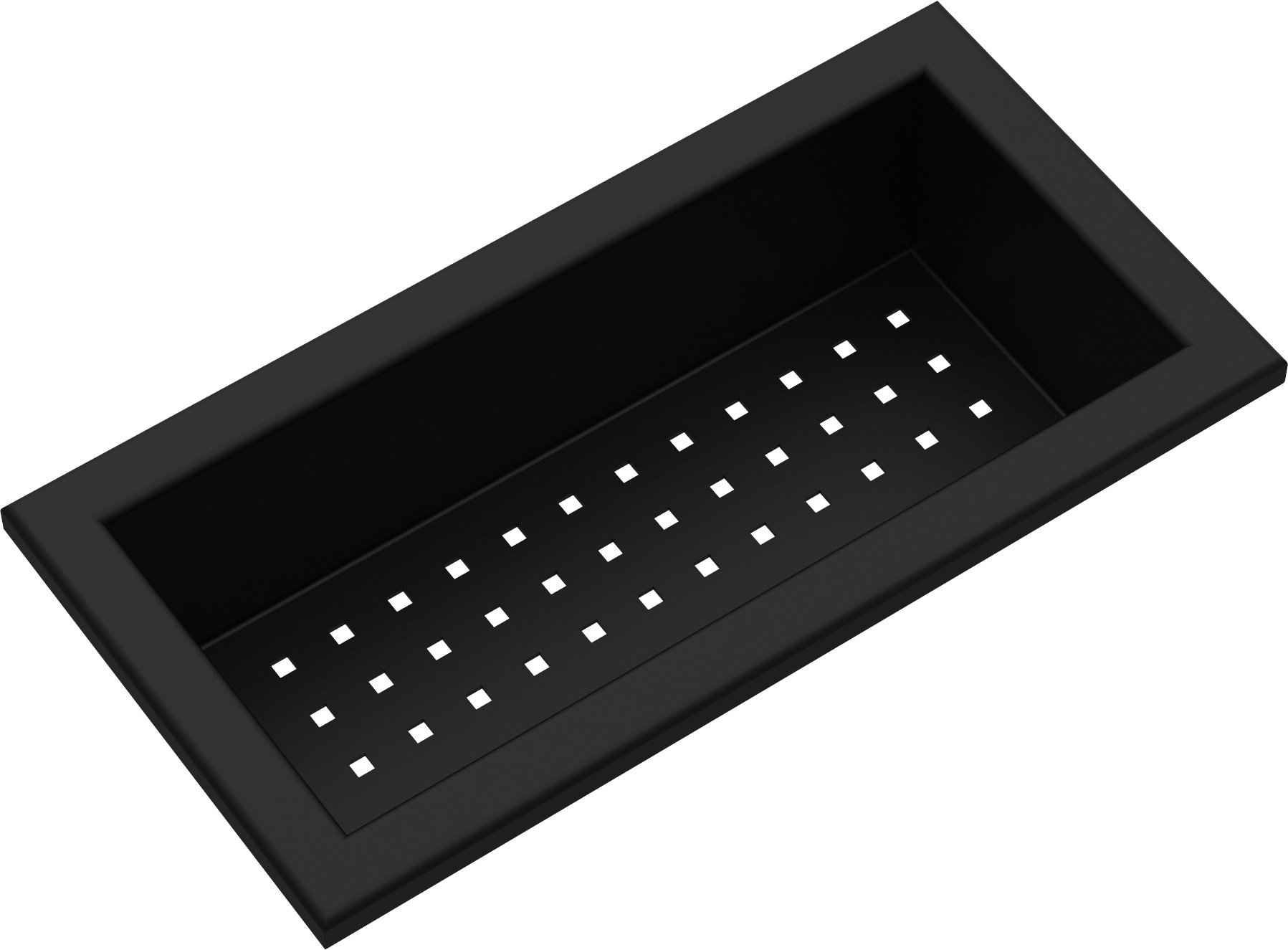 Modernes schwarzes Abtropfsieb aus Metall, rechteckig mit quadratischen Löchern, ideal für Küchenspülen